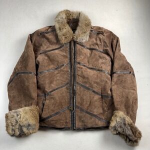 KC Collections Brown Suede Leather Jacket Rabbit Fur Trim Chevron‎ Piping Small
